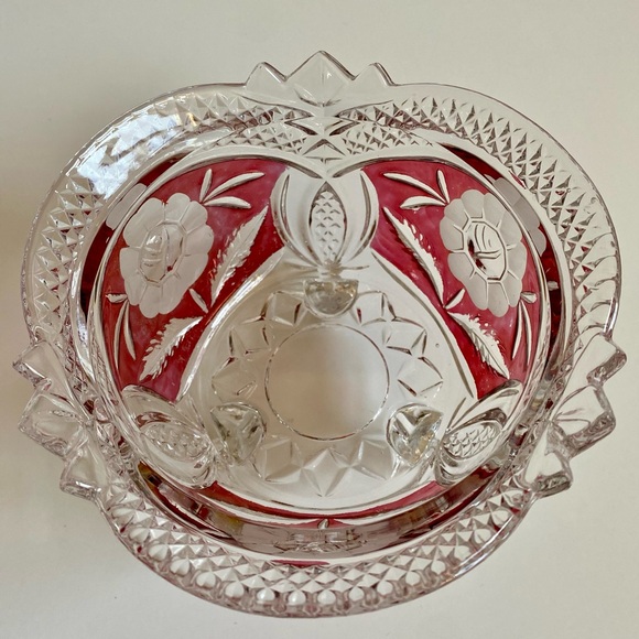 Vintage Floral Ruby Red Crystal 3 Footed  Hand Cut Candy Dish - Picture 2 of 6